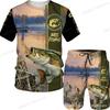 New Men's Short Sleeve Shorts Set Fashion 3D Digital Fish Printing Men's Beach Casual Set
