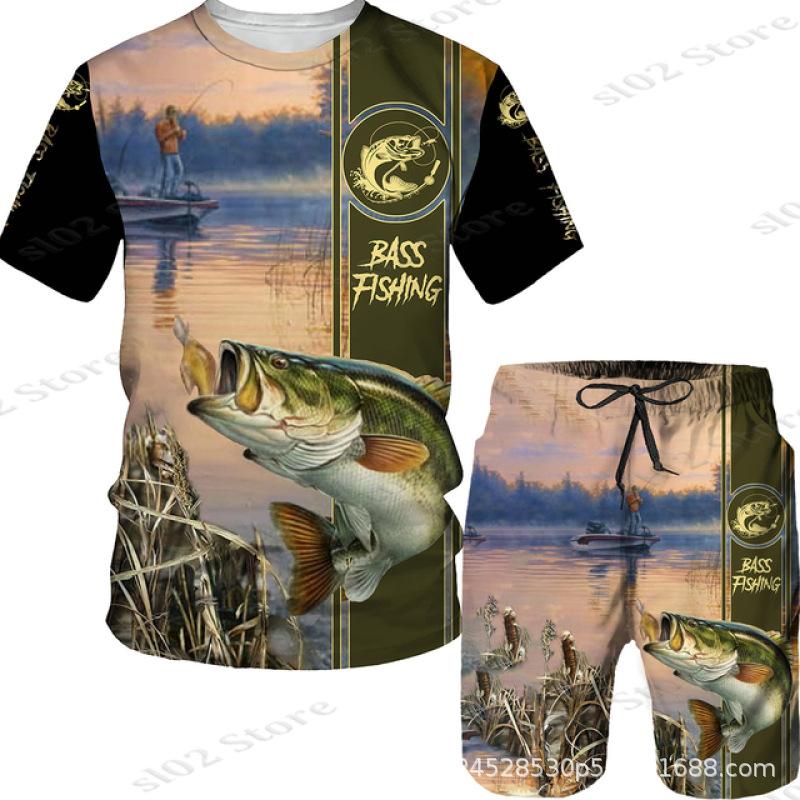 New Men's Short Sleeve Shorts Set Fashion 3D Digital Fish Printing Men's Beach Casual Set
