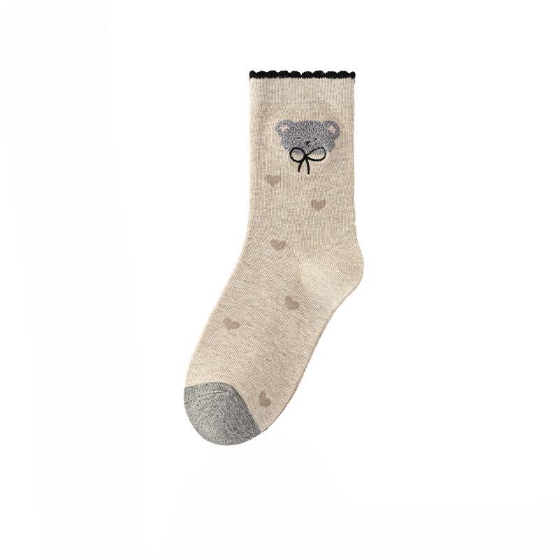 

Female Autumn and Winter Thickened New Vintage Bear Bow Embroidery Lace In Tube Socks 1 pair