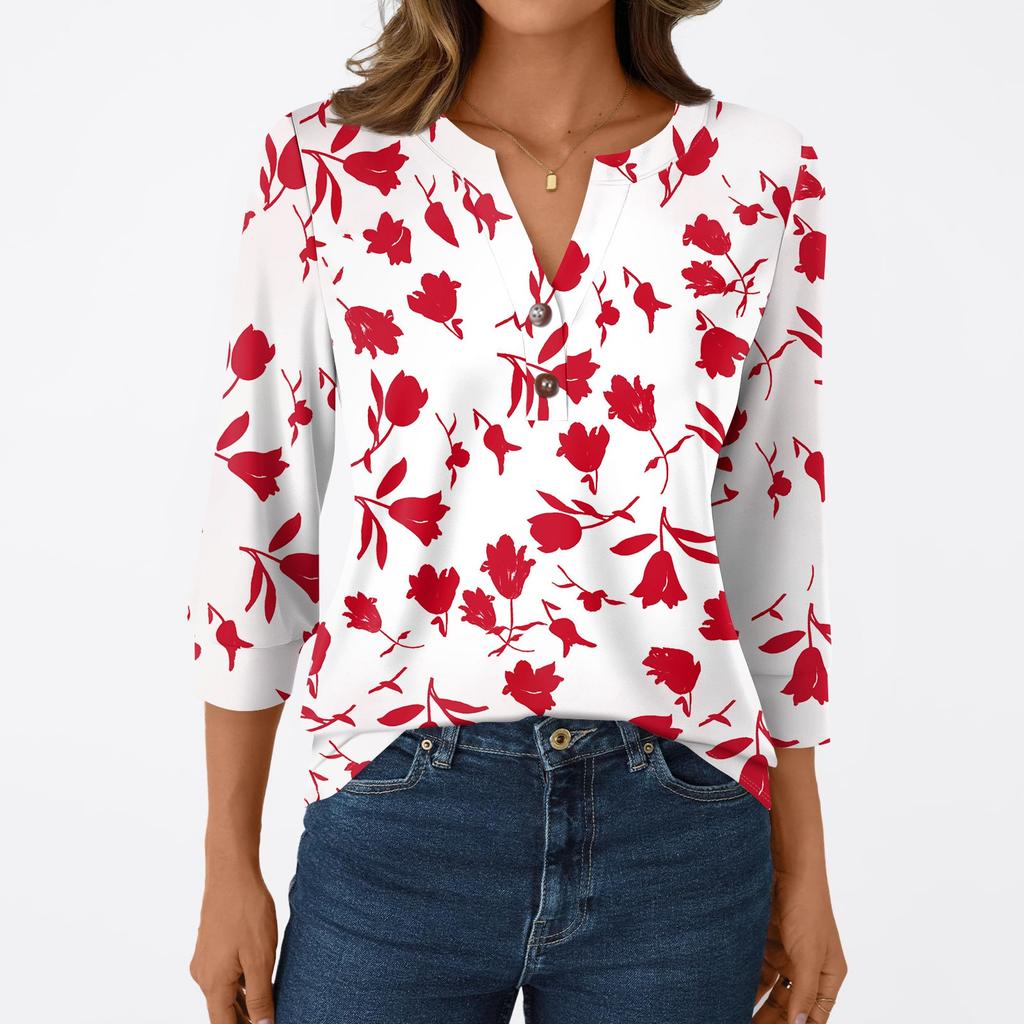 Damesmode Casual 3/4 Mouw T-shirt Prints V-hals Knoop Top