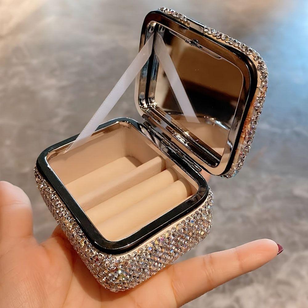 Bling Mini Jewelry Box with Mirror Travel Jewelry Display Stand Earrings Storage Organizer