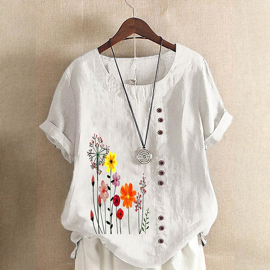 Women's Fashion Loose Cotton And Linen Short Sleeve Printed Temperament Crewneck Top