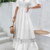 Dames V-hals Korte Mouw Kantafwerking Maxi Jurk Losse Pasvorm Hoge Taille Elegante Witte Strandjurk