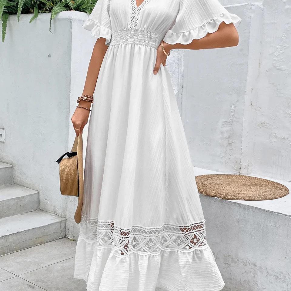 Dames V-hals Korte Mouw Kantafwerking Maxi Jurk Losse Pasvorm Hoge Taille Elegante Witte Strandjurk