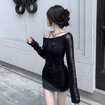 Vintage Y2K Hollow Out pletený svetr Dámské Harajuku Slim Off Ramer Jumper Korejské topy s dlouhým rukávem Kpop Grunge