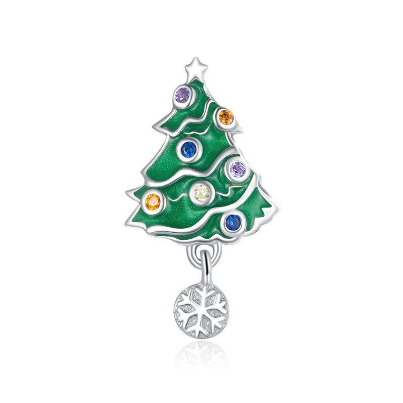 WOSTU Real 925 Silver Christmas Tree Beads Snow Globe Pendant Snowflake Bell Charm Fit DIY Bracelet Necklace Cute Xmas Gift