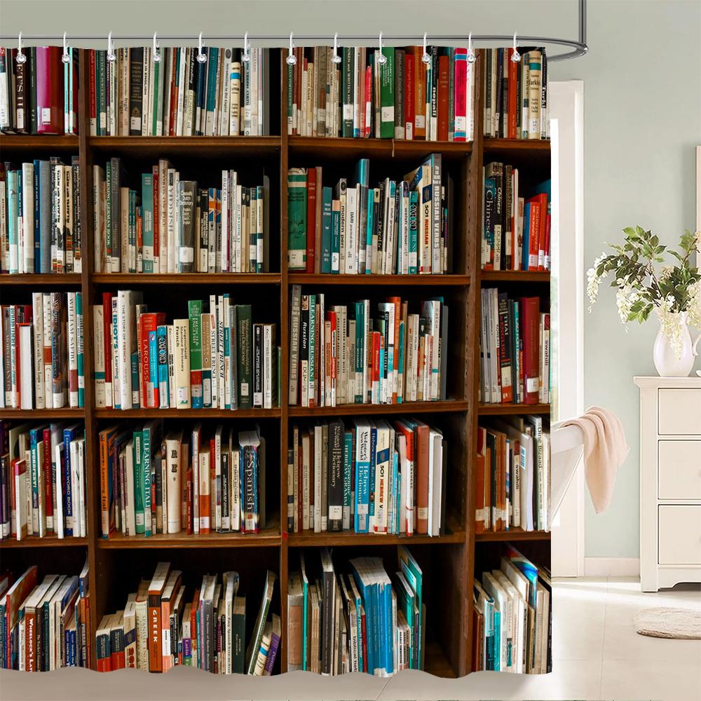 Tenda da Doccia Stampata a Forma di Libreria in Stile Retrò, Tenda da Bagno in Tessuto Poliestere, Tende per la Decorazione della Casa con Ganci