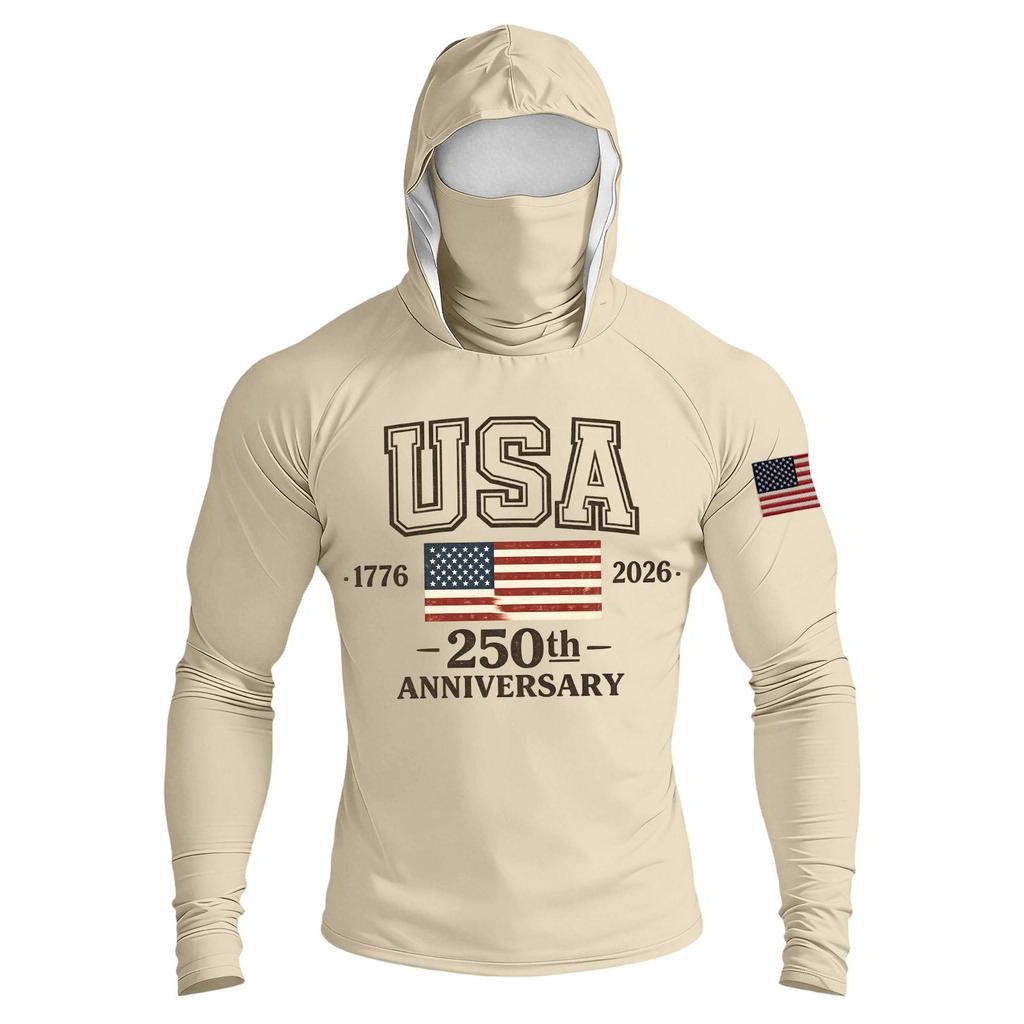 Men's Casual Raglan Sleeve Hooded Long Sleeve Sun Protection Shirt USA 250th Anniversary Graphic Lightweight Performance Top