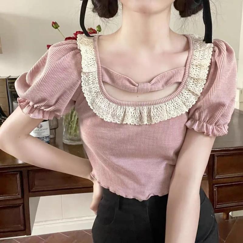 

Women s Pink Short Sleeve Top with Lace Trim and Bow Detail Form Fitted Casual Blouse S розовый