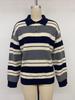 2026 Autumn/Winter Loose Striped Long Sleeve Color Block Sweater with Lapel