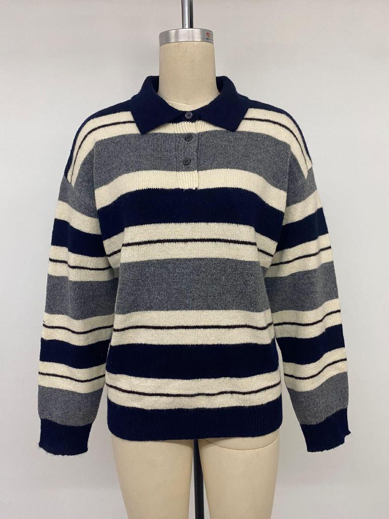 2026 Autumn/Winter Loose Striped Long Sleeve Color Block Sweater with Lapel
