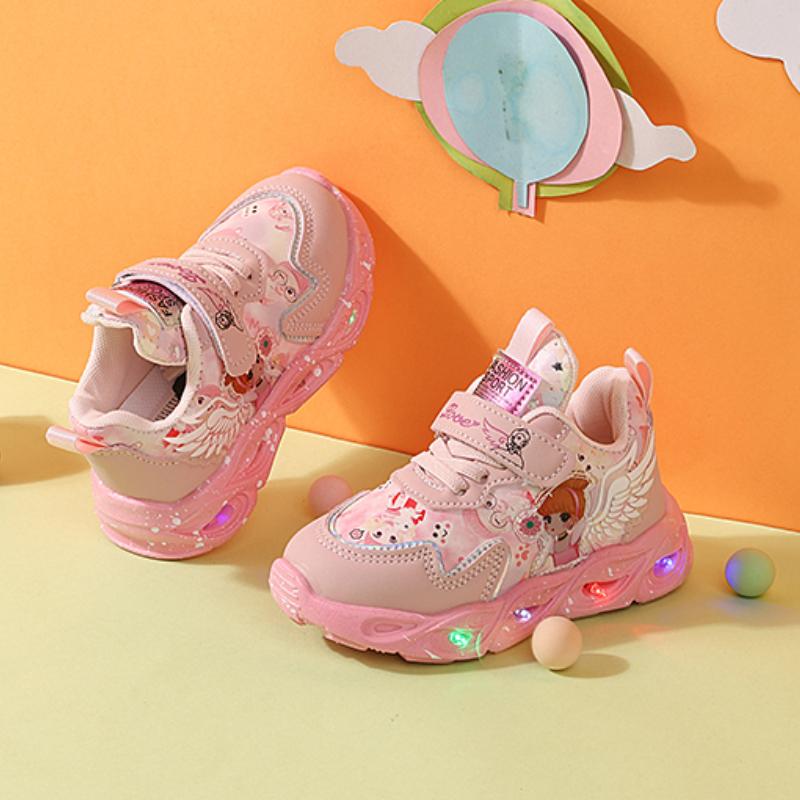 New Kids LED Sneakers Cute Cartoon Princess Girls Shoes Non-Slip Light Up Casual Sneakers For Toddler