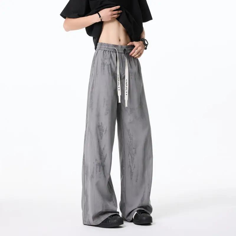 2026 Spring Summer Men Casual Tie-Dye Pants Men Loose Long Pants Male Trendy Straight Trousers Man Vintage Black White Pants