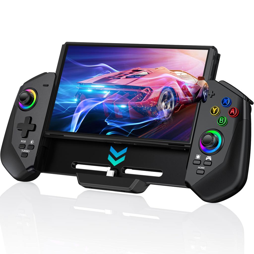 Kabelový ovladač pro OLED Funkce a vibrace RGB a pohodlný úchop se 4 sloty pro karty Switch/Switch - Gyro, Turbo, Ovládání, Osvětlení,