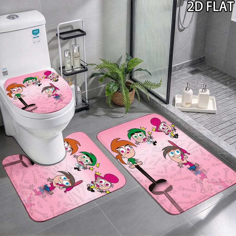 3pcs The Fairly OddParents Pattern Flannel Nonslip Absorbent Washable Decorative Bathroom Home Toilet Seat Cover Mat