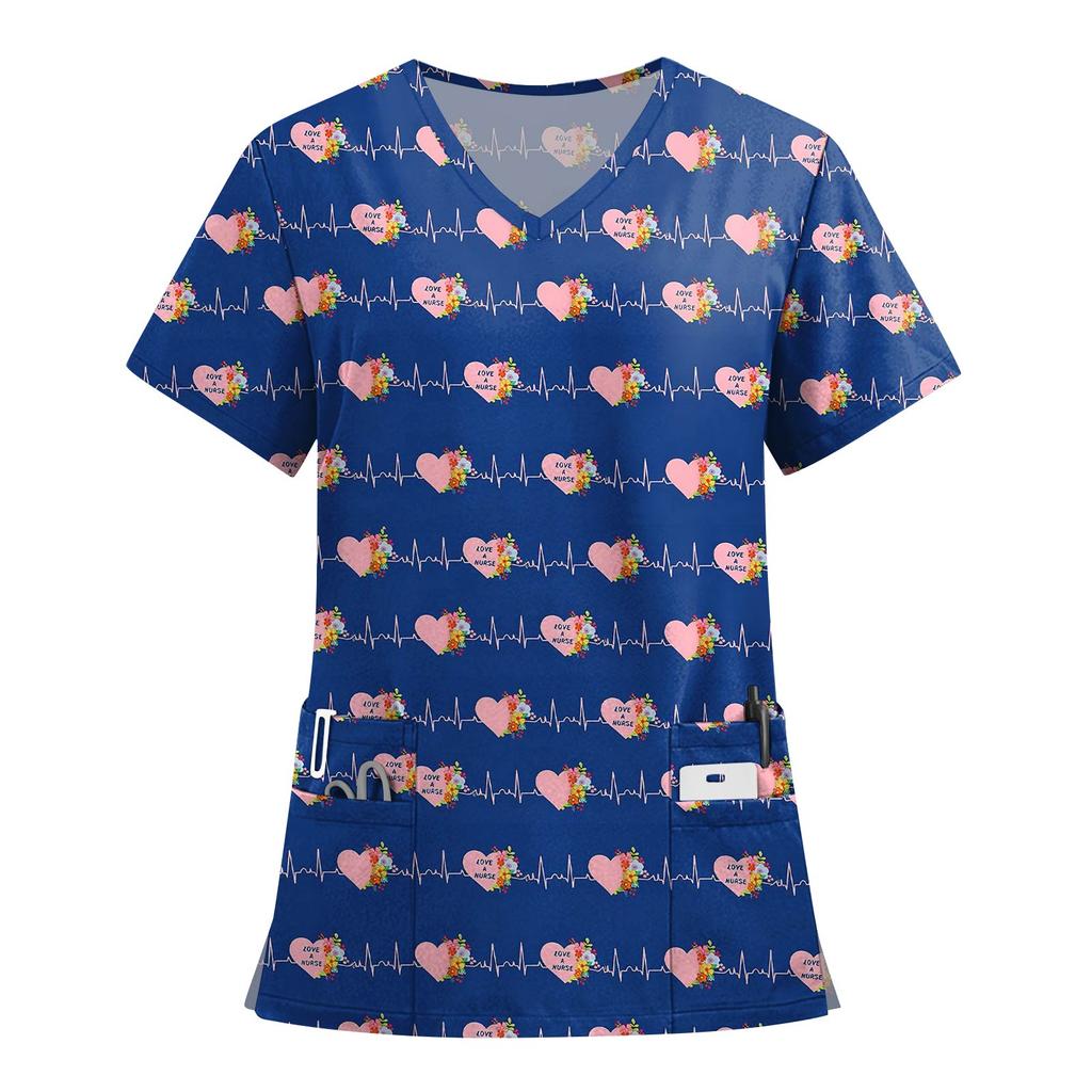 Women's Fashion Printed Short Sleeve V Neck Pattern Tops Pocket Working T-shirts