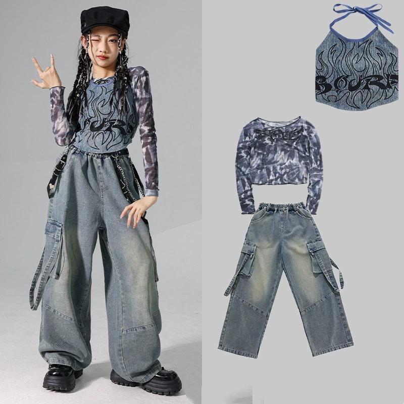 Mädchen K-Pop Denim Crop Top Street Dance Cargo Jeans Hose Kinder Hip Hop Jazz Shorts Kleider Set Kinder Streetwear Bühnenkostüm