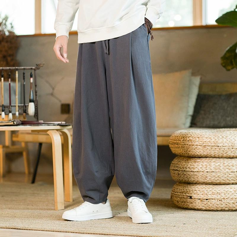 Spring and Autumn Men's Retro Trend Harem Pants Chinese Style Linen Ruyi Pants Cotton and Linen Straight Lantern Pants