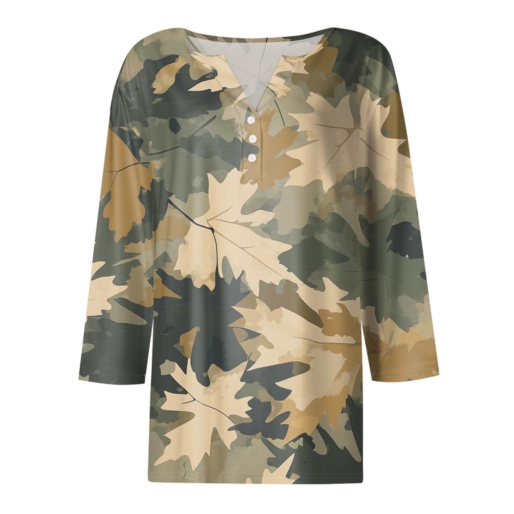 Damen V-Ausschnitt Freizeit Dreiviertelarm Knopf-Detail Top mit Blumenmuster