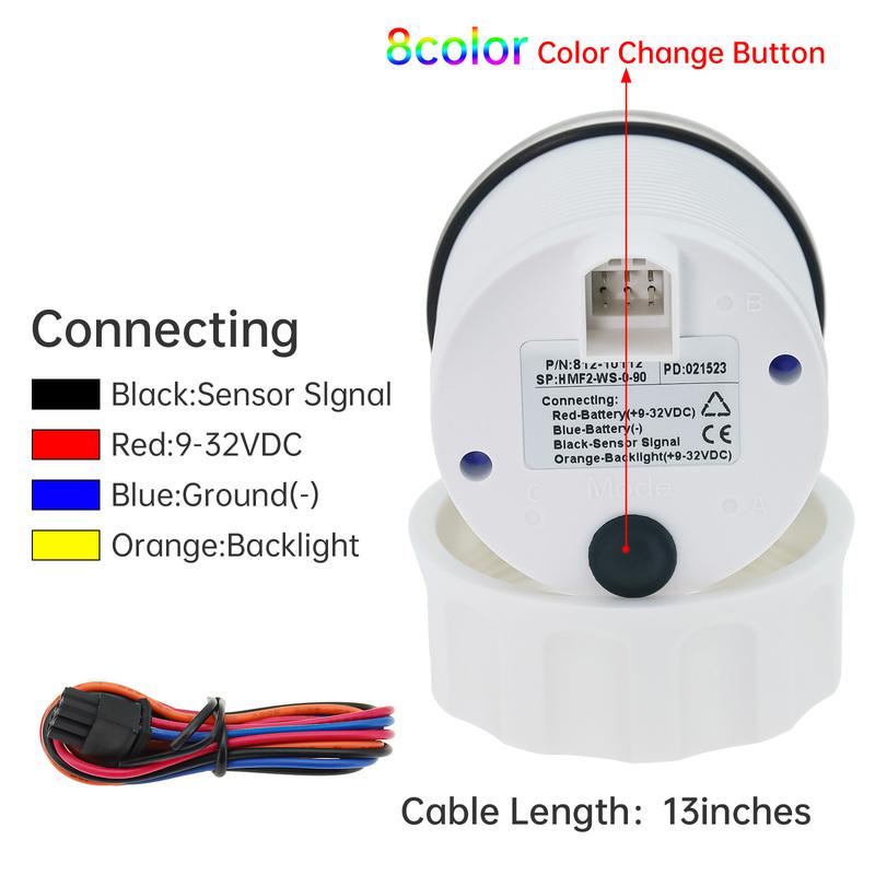 52mm Fuel Level Gauge 0-90ohm Meter 8 Color BackLight for Oil Tank Level Float Sensor 0-90 ohm Car Boat Marine Yacht 12V