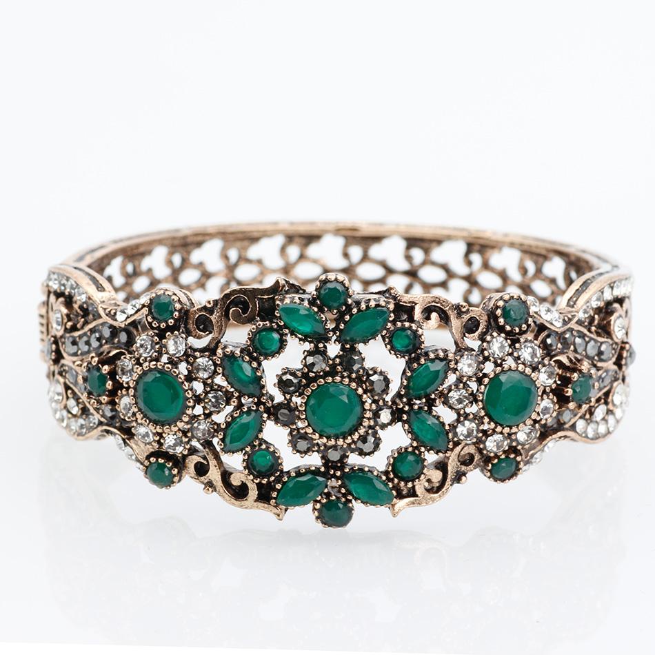 Sunspicems Chic Turkish Bangle Cuff Bracelet for Women Antique Gold Color Rhinestone Flower Bracelet Arab Bride Wedding Jewelry