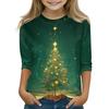 Christmas Day Print Tops For Youth Girls 4-11 Years Round Neck 3/4 Sleeves T-Shirts Trendy Tops Outfit Tees