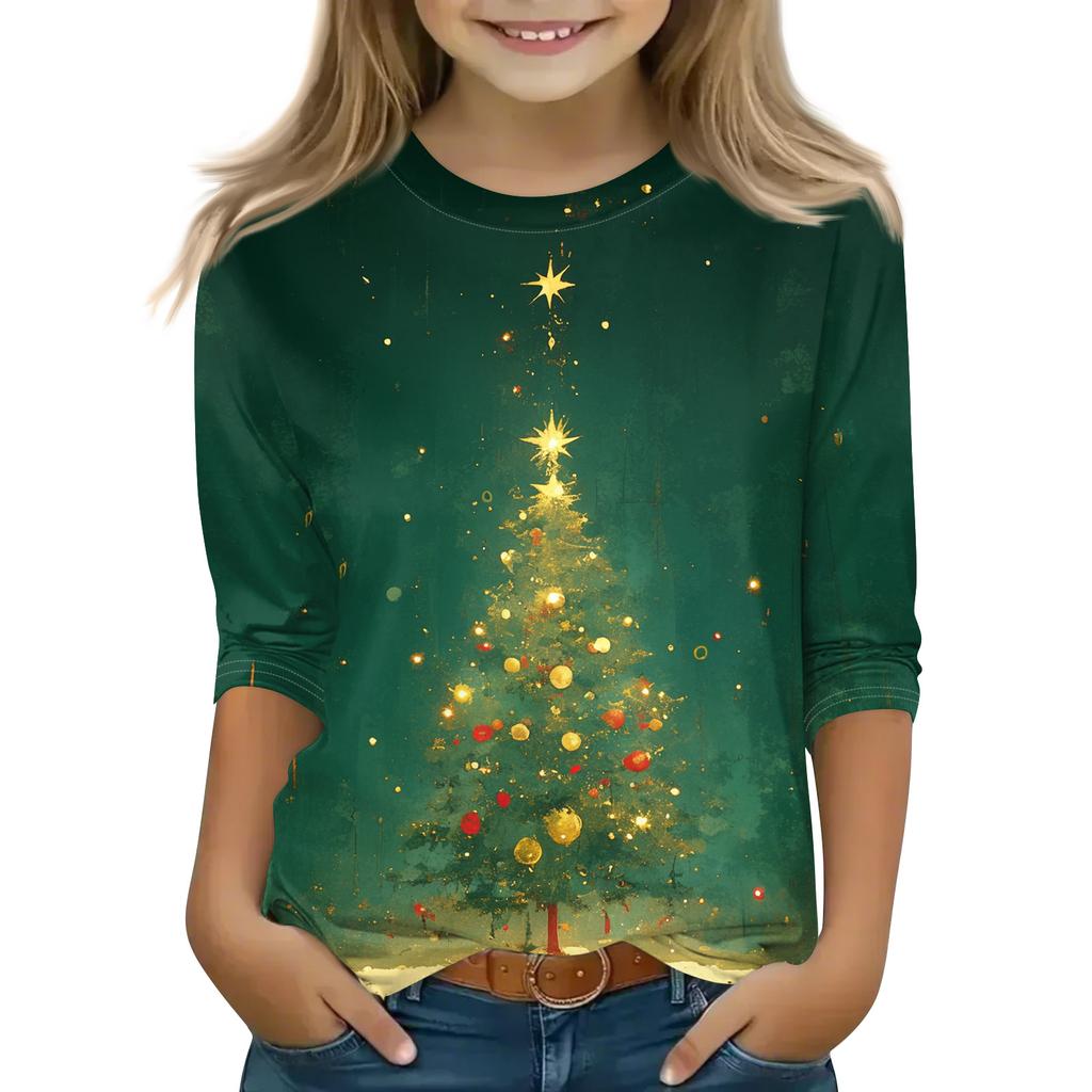 Christmas Day Print Tops For Youth Girls 4-11 Years Round Neck 3/4 Sleeves T-Shirts Trendy Tops Outfit Tees