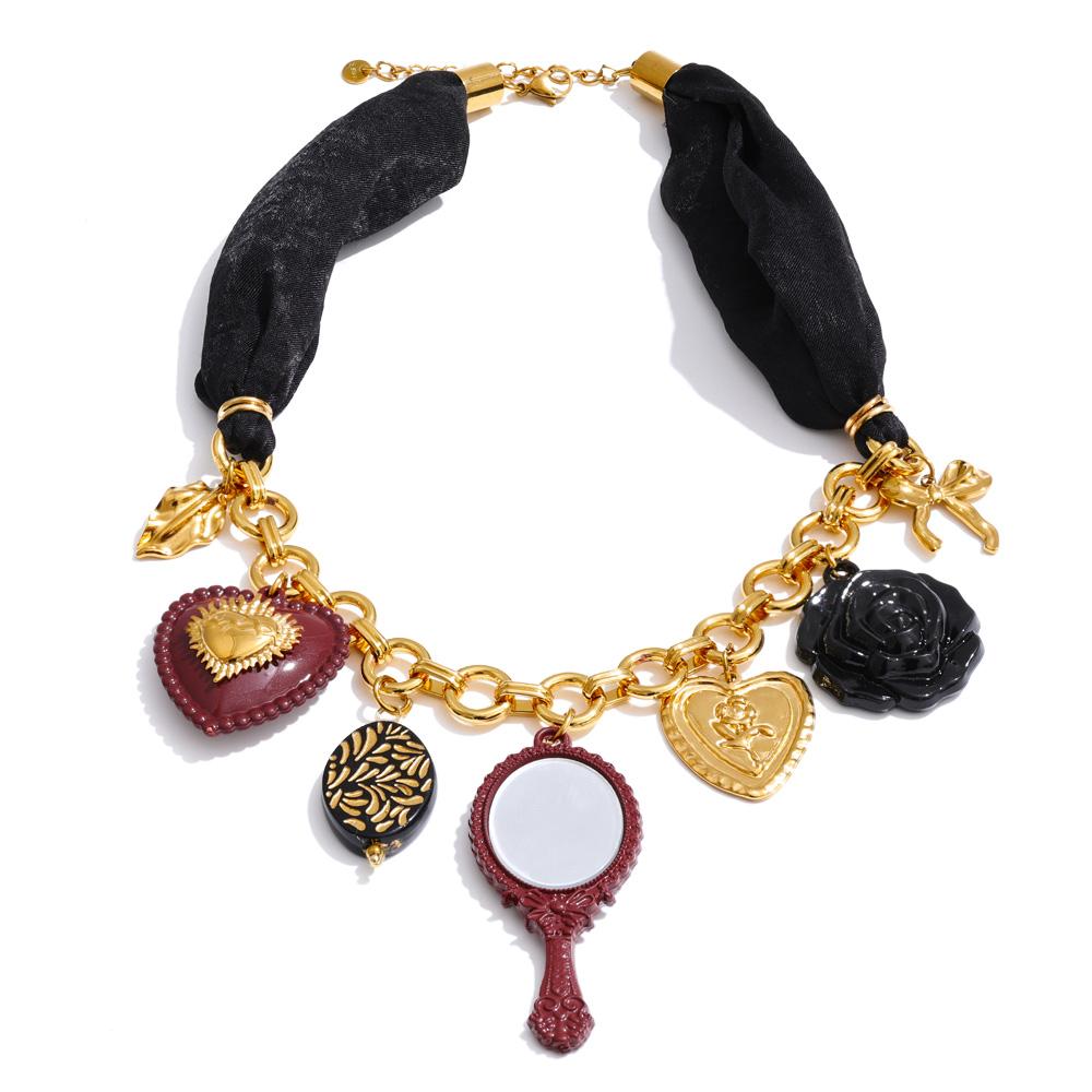 

Yhpup Autumn Winter Style Black Polyester Cloth Chain Acrylic Heart Flower Mirror Drop Charm Necklace Stainless Steel Jewelry