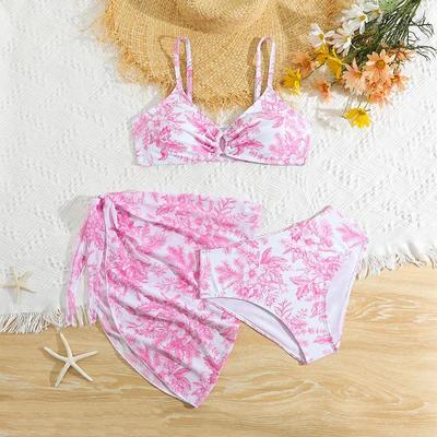 2024 Girls' European & American Print Mesh Three-Piece Swimsuit Set - Medium & Large Sizes