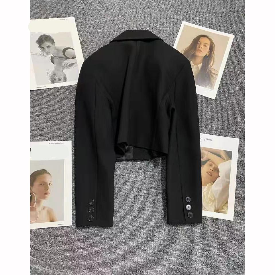Black Cropped Blazers Woman Trend All-match Notched Collar Crop Jacket Women Korean Chic Single Button Suit Coat