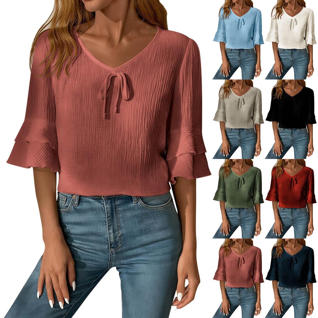 Dámské módní volné ležérní tričko s V-výstřihem a dvouvrstvým nabíraným rukávem