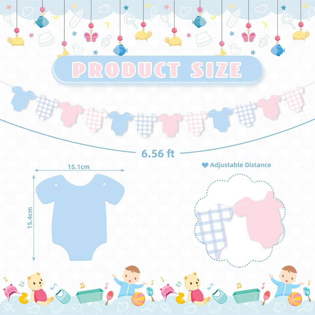 Weysat 2 Pcs Baby Clothes Banner Baby Boys Girls Shower Decorations Pink Blue Bodysuit Clothesline Banner Gender Reveal Birthday Neutral Party Outfit