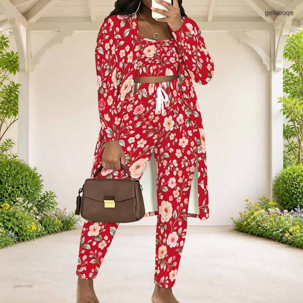 Women Plus Size Tropical Printed Three Piece Set Long Sleeve Open Front Cardigan Strappy Top Long Pants