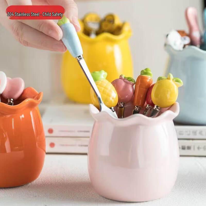 304 Stainless Steel Fruit Fork Set with Storage Jar
