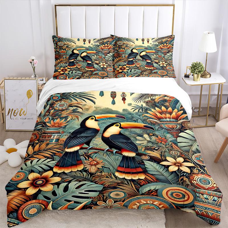 3pcs bedding set Tropical Birds Includes 1 Comforter + 2 Pillowcases, Without Pillow Inserts, Soft Comfortable, Lightweight Breathable, Prin