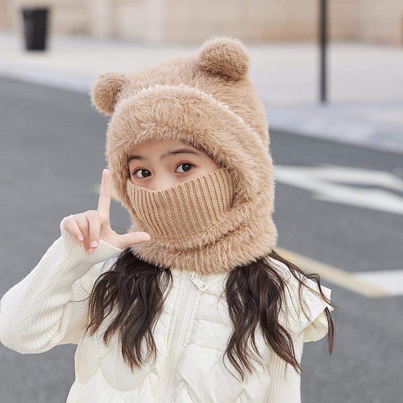 Children's hats winter cute plush scarf mask integrated hat warm windproof ear protection muff knitted wool hat