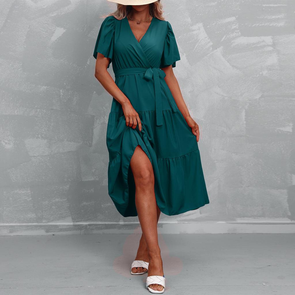 Modisches Damen Sommerkleid in Farbe mit V-Ausschnitt, kurzen Ärmeln und Bindung für den Strandurlaub