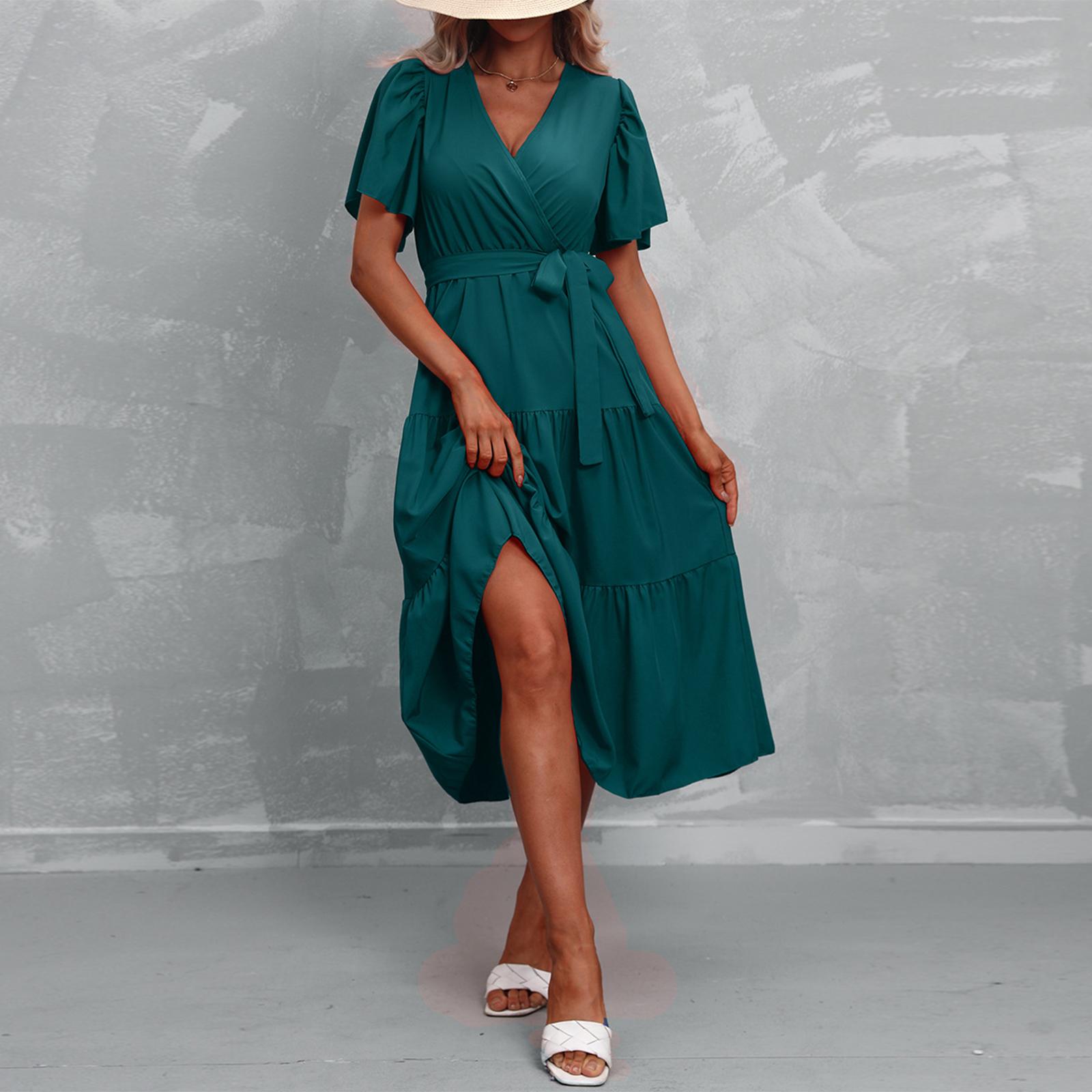 

Women’s Short Sleeve V Neck Wrap Dress with Adjustable Waist Tie and Tiered Skirt for Casual or Formal Wear S