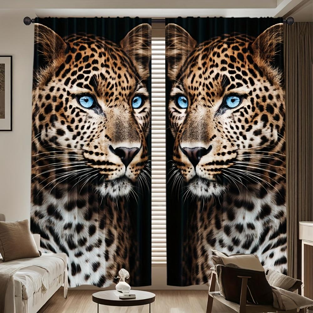 2 Panels Leopard Printed Curtains Blue Eyes Big Cat Animal Pattern Polyester Living Room Bedroom Window Drapes Home Decor