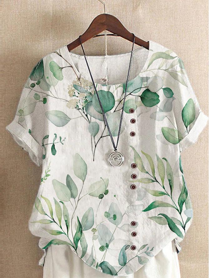 Women's 2026 Summer Retro Faux Cotton Linen Print Loose Casual Short Sleeve T-Shirt
