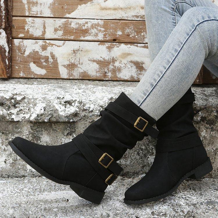 Belt Buckle Low-heeled Knight Boots Women's Medium Tube Retro Style Polished Flat Leather Boots