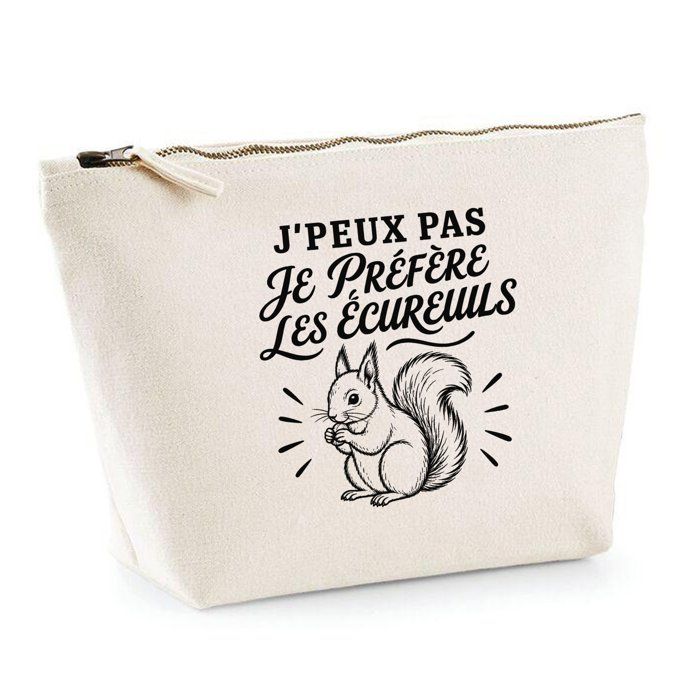Trousse Beige J’peux pas je préfère les Écureuils J'peux pas minimaliste | Trousse de Toilette en Coton 3 L avec Zip Métal et Fond