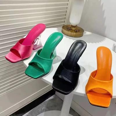 Sommer Damen Schuhe Hausschuhe Seidiges Breites Band Transparent Seltsame Hohe Absätze Bequem PU Leder Pantoletten Sandalen Pumps
