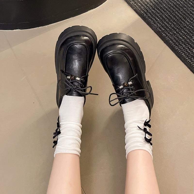 2026 Casual Round Toe Thick Heel Heightening Leather Shoes British Style Lace-Up Flat Shoes