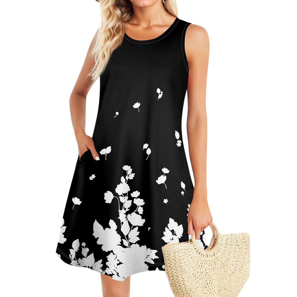 Summer Dresses For Women Beach Boho Sleeveless Printing Flowy Pocket Tshirt Tank Sundresses