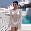 Sexy Perspective Knitted Hoodie Women's Solid Color Loose Round Neck Long Sleeved Top T-shirt Summer New Fashion