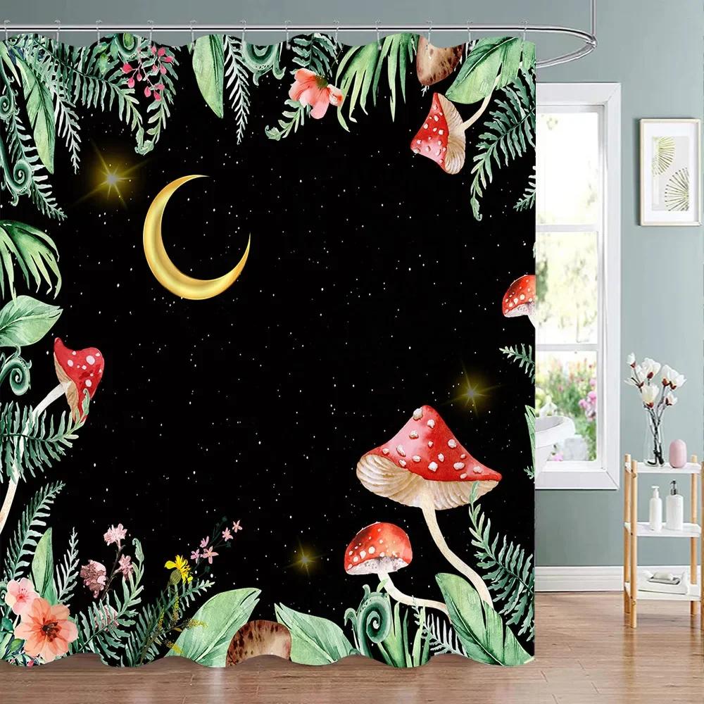 Mushroom Shower Curtain Retro Mushrooms Butterfly Floral Boho Moon Stars Botanical Wildflower Green Plant Aesthetic Bath Curtain
