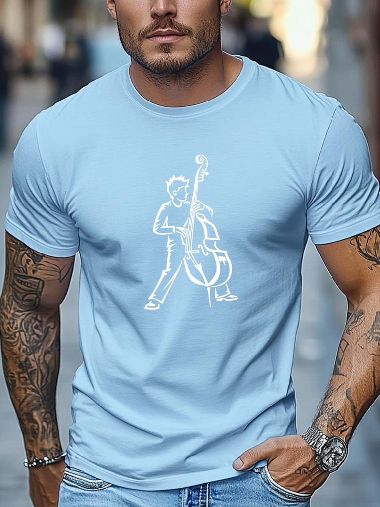 Unisex Black Crew Neck Tee White Line Art Rock Musician Playing Double Bass Upright Cello Jazz Band Performer Soft Cotton Male Tops