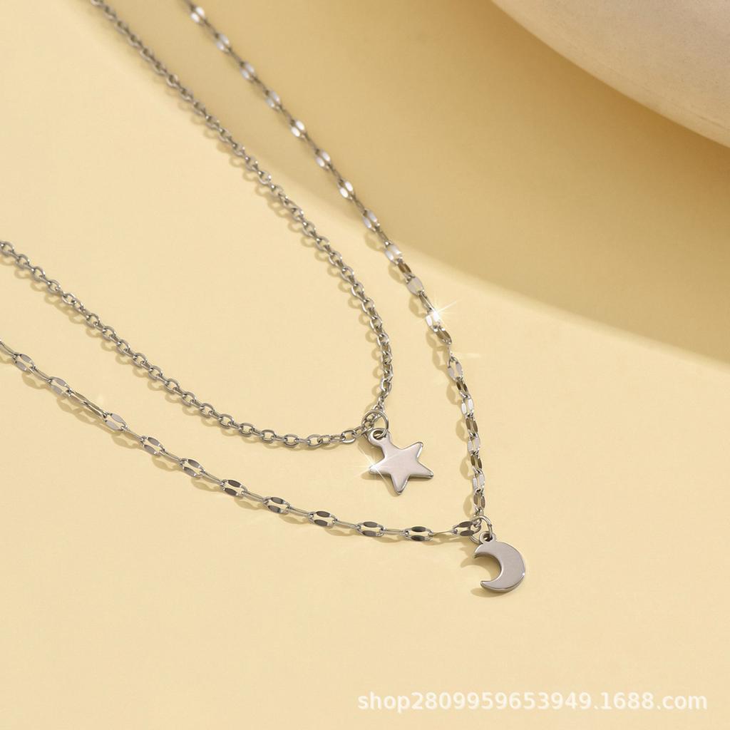 Ins Wind Star Moon Double Layer Titanium Steel Necklace Niche Women Fashion Personality Layered Collarbone Chain