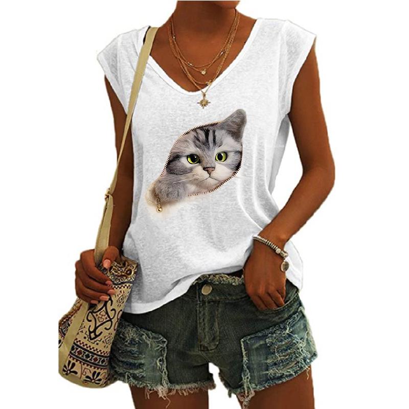 2023 Trendy Women's V-neck Print Cap Sleeve Loose T-shirt Top